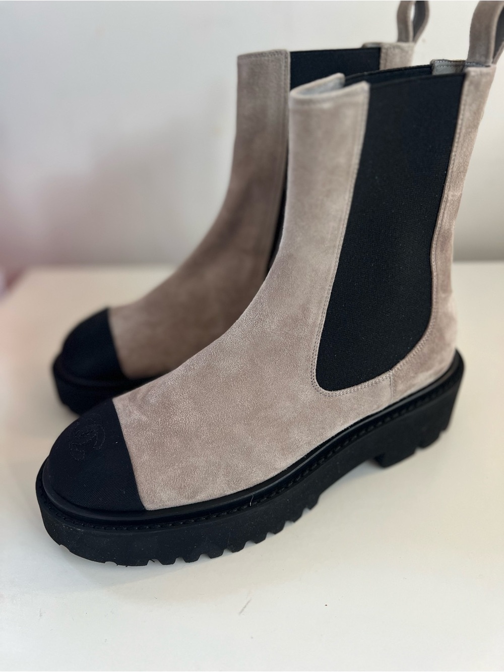 CHANEL Taupe Suede Chelsea Booties with Black Elastic